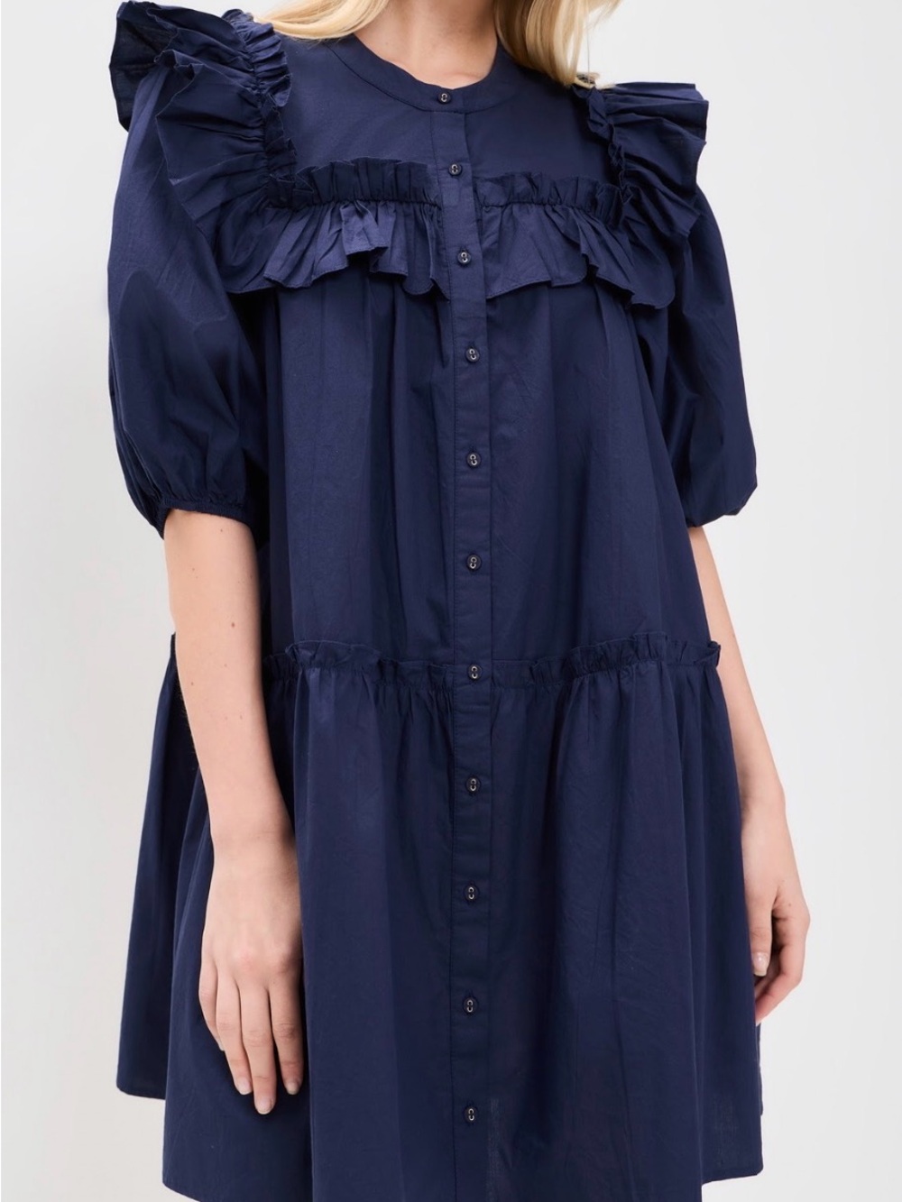 Cleobella Tatiana Navy Ruffle Button-Front Mini Dress